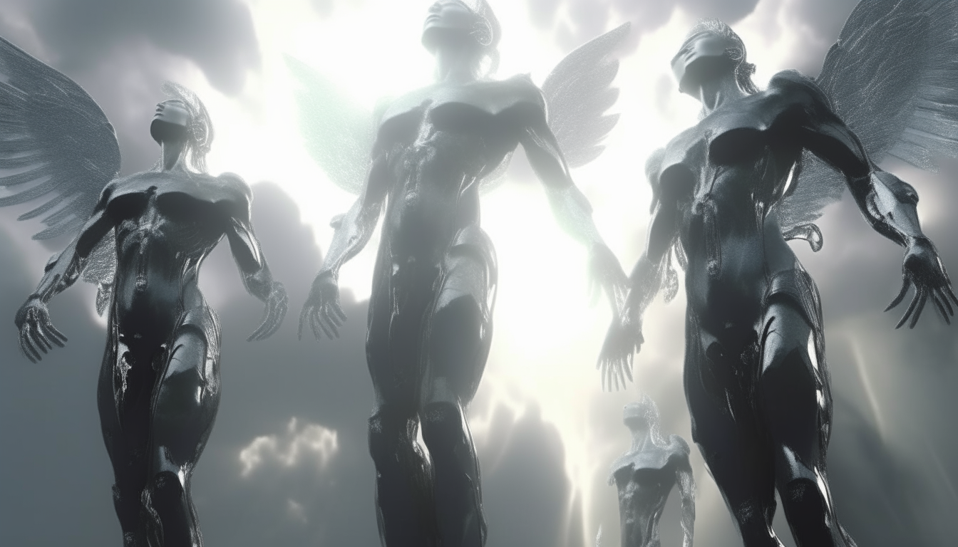heavenly angels morphing with silver chrome cyborgs, descending through the clouds towards the surface below, heavenly light beams shine upon them, super highest level of details, 4K quality, dark sci-fi fantasy style