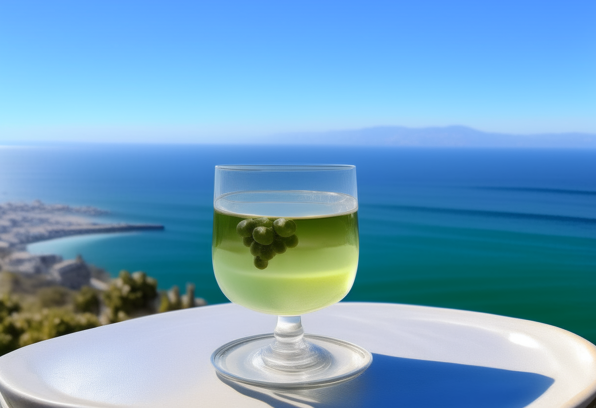 A glass of white Ajoblanco soup garnished with green grapes, sitting on a wooden table with a view of the bright blue Mediterranean sea and the Malaga coastline in the background.