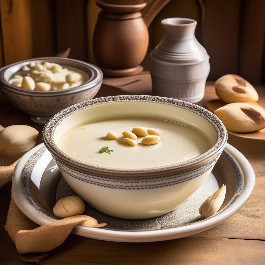 A bowl of creamy white garlic and almond soup garnished with sliced almonds, served in an old fashioned ceramic bowl on a wooden table in a traditional Spanish kitchen with patterned tiles.