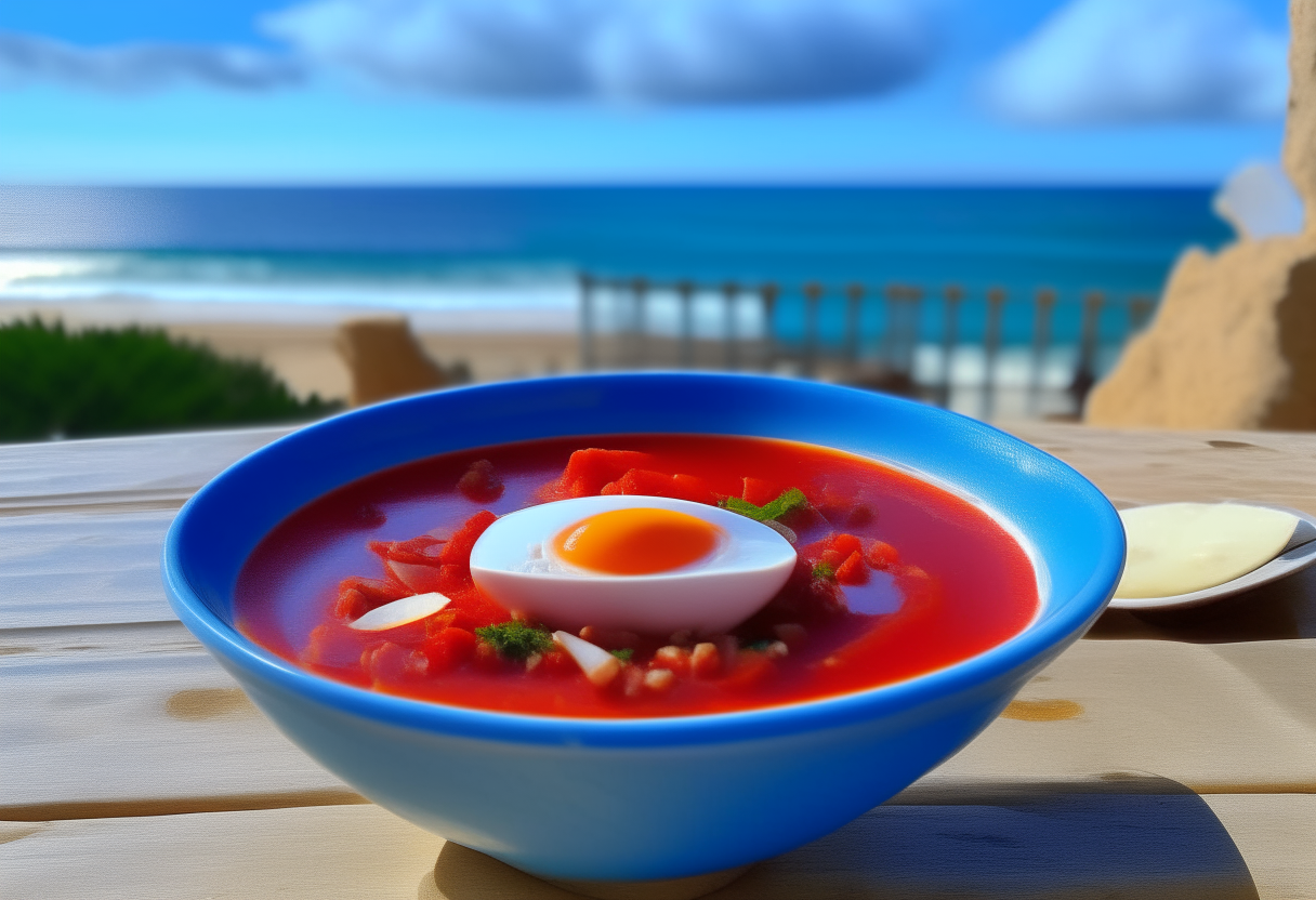 A bowl of bright red tomato-based Salmorejo soup, garnished with hard-boiled egg and jamón, sitting on a wooden table with a background of the beautiful sandy beaches and blue water of Malaga, Spain.