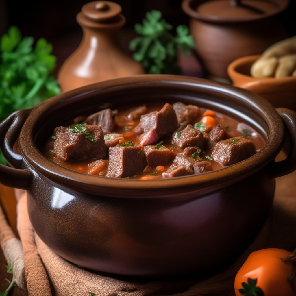 A close up photo looking down at a hearty beef stew in an earthenware pot, with beef cubes, onions, garlic and parsley visible. The rustic stew is pictured in a cozy Spanish kitchen with patterned tiles in the background.