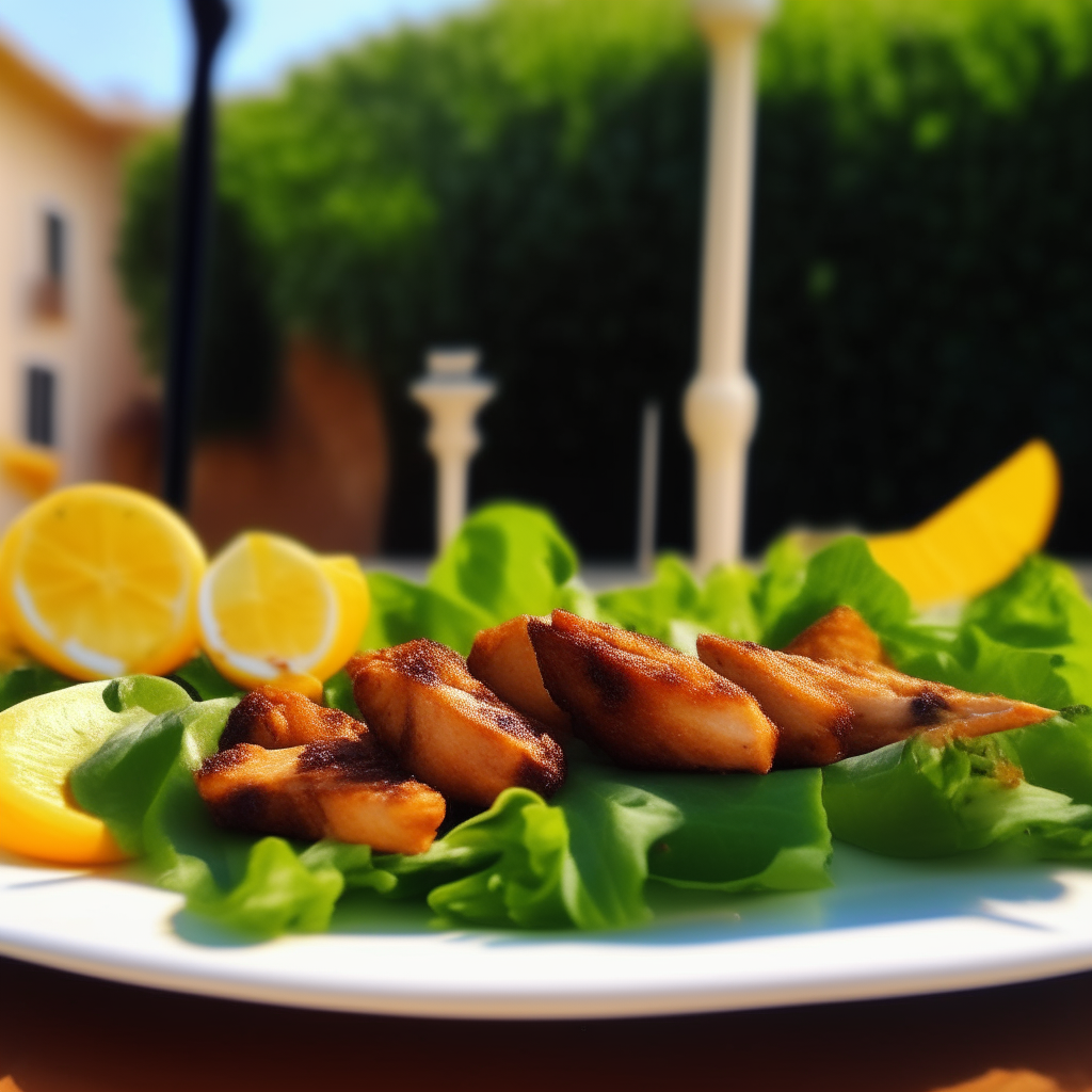 A close up photo of chicken skewers with char marks on a white plate, next to a lemon wedge and green salad. The vibrant orange chicken stands out against a sunny courtyard background in Southern Spain.