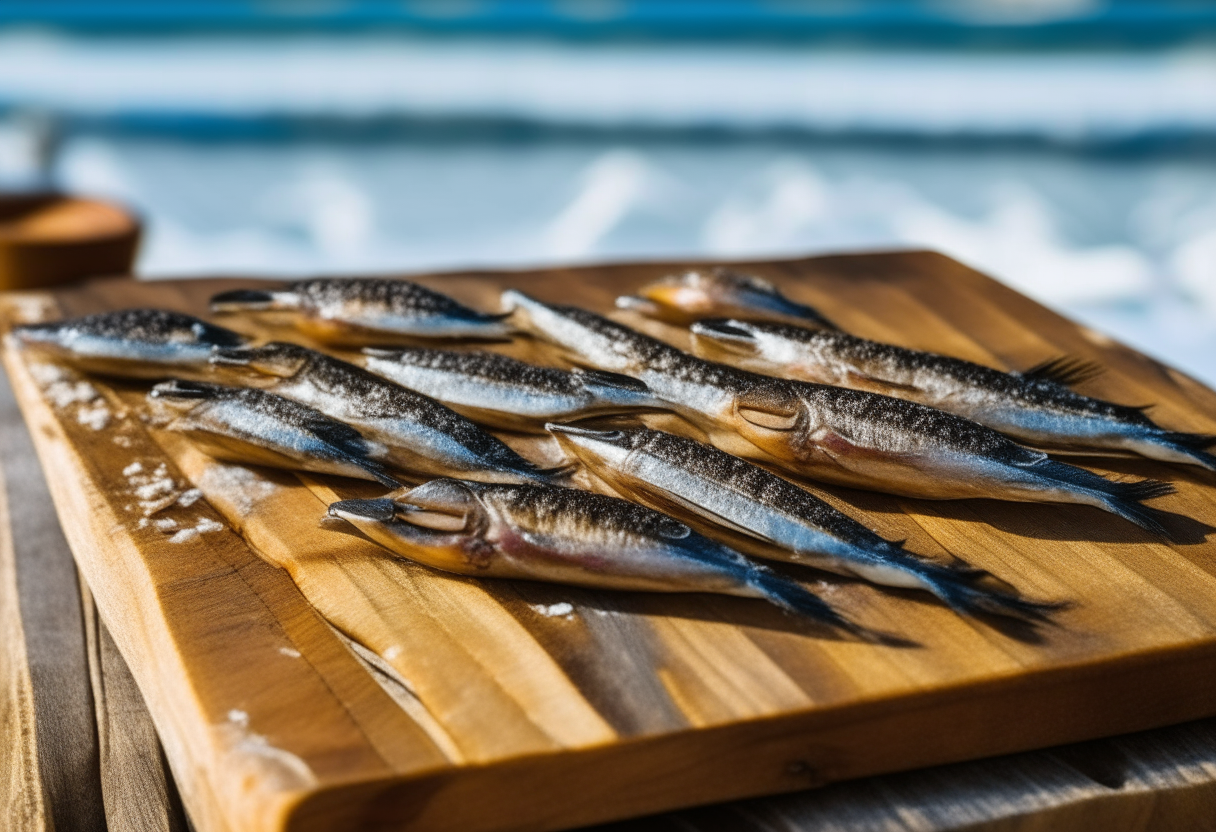 A row of glistening grilled sardines arranged on a rustic wooden board, with lemon slices and sea salt sprinkled on top. The golden sardines have char marks and the background shows the blue Mediterranean sea and sandy beach.