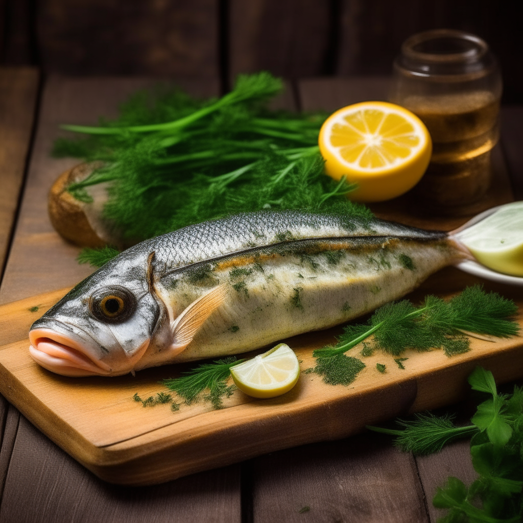 A whole grilled sea bass fish lying on top of fresh green parsley, with lemon slices scattered around it. The fish has crispy golden skin and visible white flaky flesh. It is on a rustic wooden table.