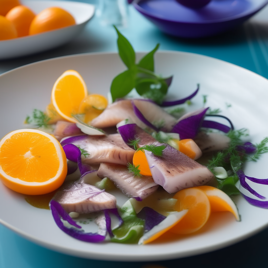 A close up photo looking down at a salad in a white bowl with pieces of cooked cod, orange segments, red onion slices, drizzled with olive oil and garnished with mint leaves. The background shows an airy kitchen with blue and white tiles.