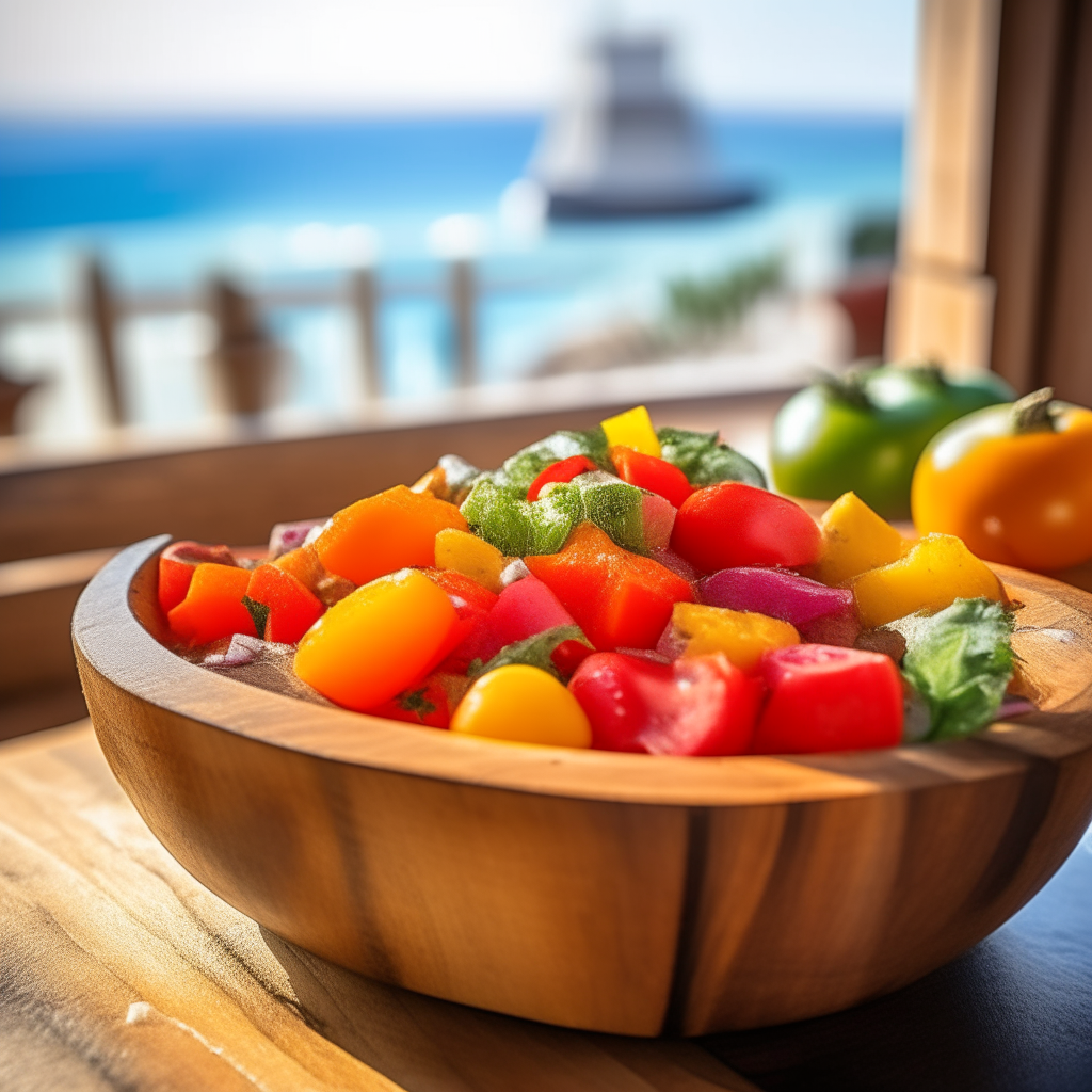 A rustic wooden bowl filled with a salad of colorful red and yellow tomatoes, bell peppers, olive oil, and salt. The Mediterranean sea and a cafe in Palma de Mallorca are visible in the background. Text at bottom reads 'Mallorcan Tomato and Bell Pepper Salad'.