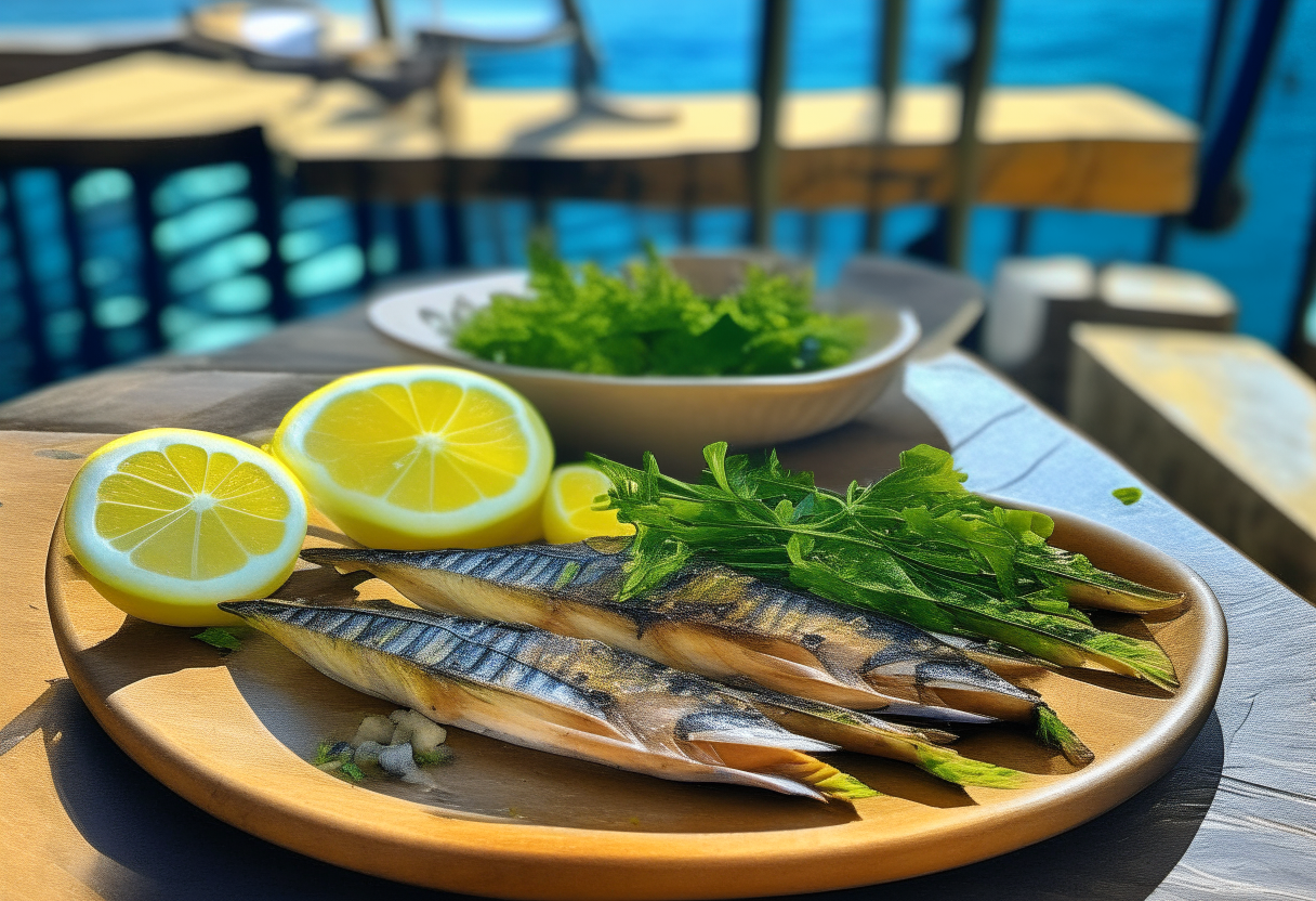 Grilled mackerel fillets with golden crispy skin and tender flaky flesh on a rustic wooden table. The fish is drizzled with a bright green parsley and lemon juice mixture, with lemon wedges and chopped parsley for garnish. In the background is a view of the Mediterranean Sea and fishing boats in Palma de Mallorca. 'Mallorcan Grilled Mackerel' is displayed in stylized font at the bottom. Photorealistic 4K image.