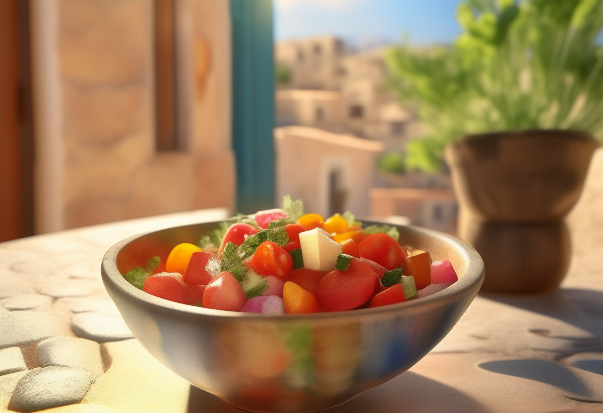 A rustic bowl with a colorful tomato and bell pepper salad drizzled with olive oil and sprinkled with salt. In the background is a charming cafe in Palma de Mallorca with warm, sun-drenched stone walls and a view of the Mediterranean Sea. 'Mallorcan Tomato and Bell Pepper Salad' is displayed in stylized font at bottom. Vibrant, photorealistic 4K image.