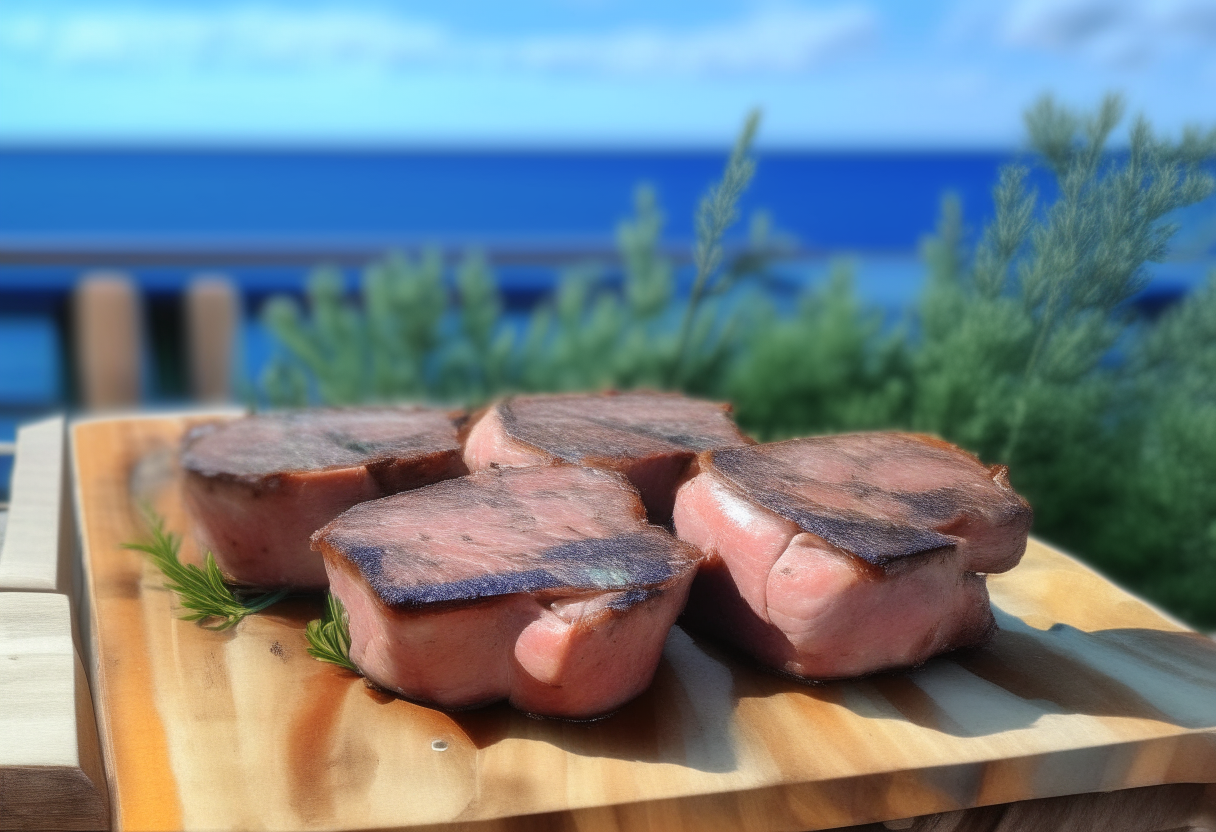 Four beautifully grilled pork chops arranged on a rustic wooden board, garnished with rosemary, thyme and minced garlic. In the background is a Mediterranean scene with the ocean and bright blue sky. 'Mediterranean Grilled Pork Chops with Fresh Herbs' displayed in an elegant font at the bottom. Photorealistic 4K image.