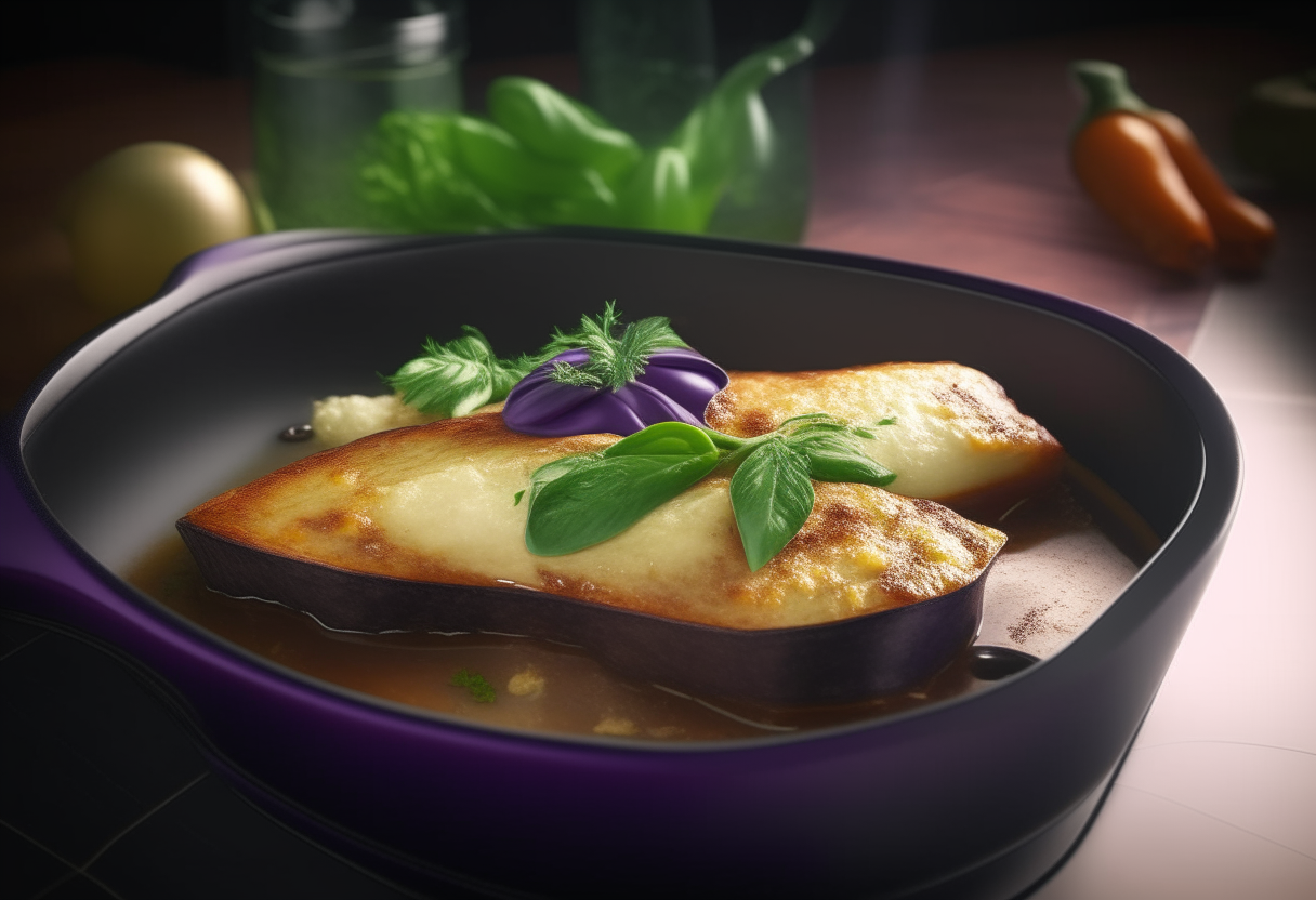 A baking dish filled with melted Manchego cheese-topped stuffed eggplants, with fresh green basil leaves. 'Palma de Mallorca-style Stuffed Aubergines' in stylish font at bottom. Vibrant, photorealistic 4K image.