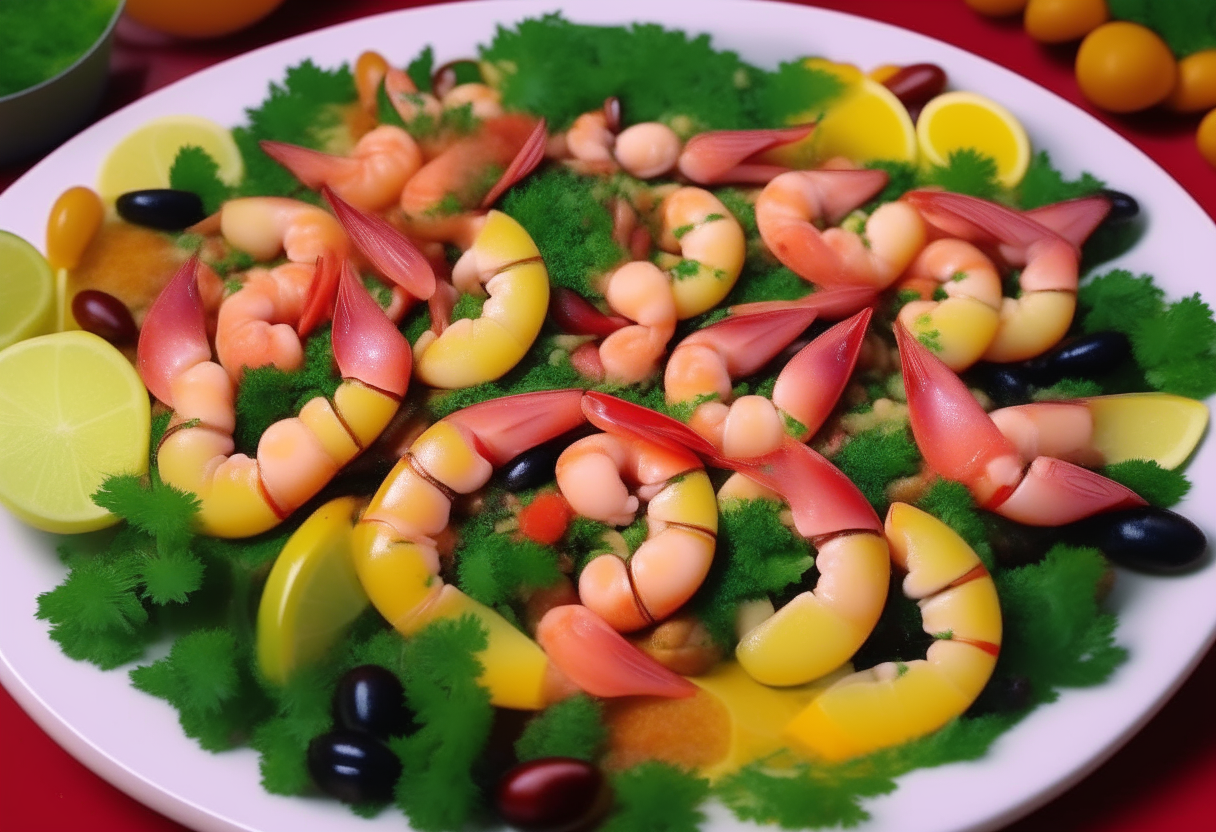 A platter filled with a colorful seafood salad - pink shrimp, black olives, red cherry tomatoes, green parsley, and yellow lemon wedges. 'Palma de Mallorca-style Seafood Salad' in beautiful script at bottom. Vibrant 4K image.