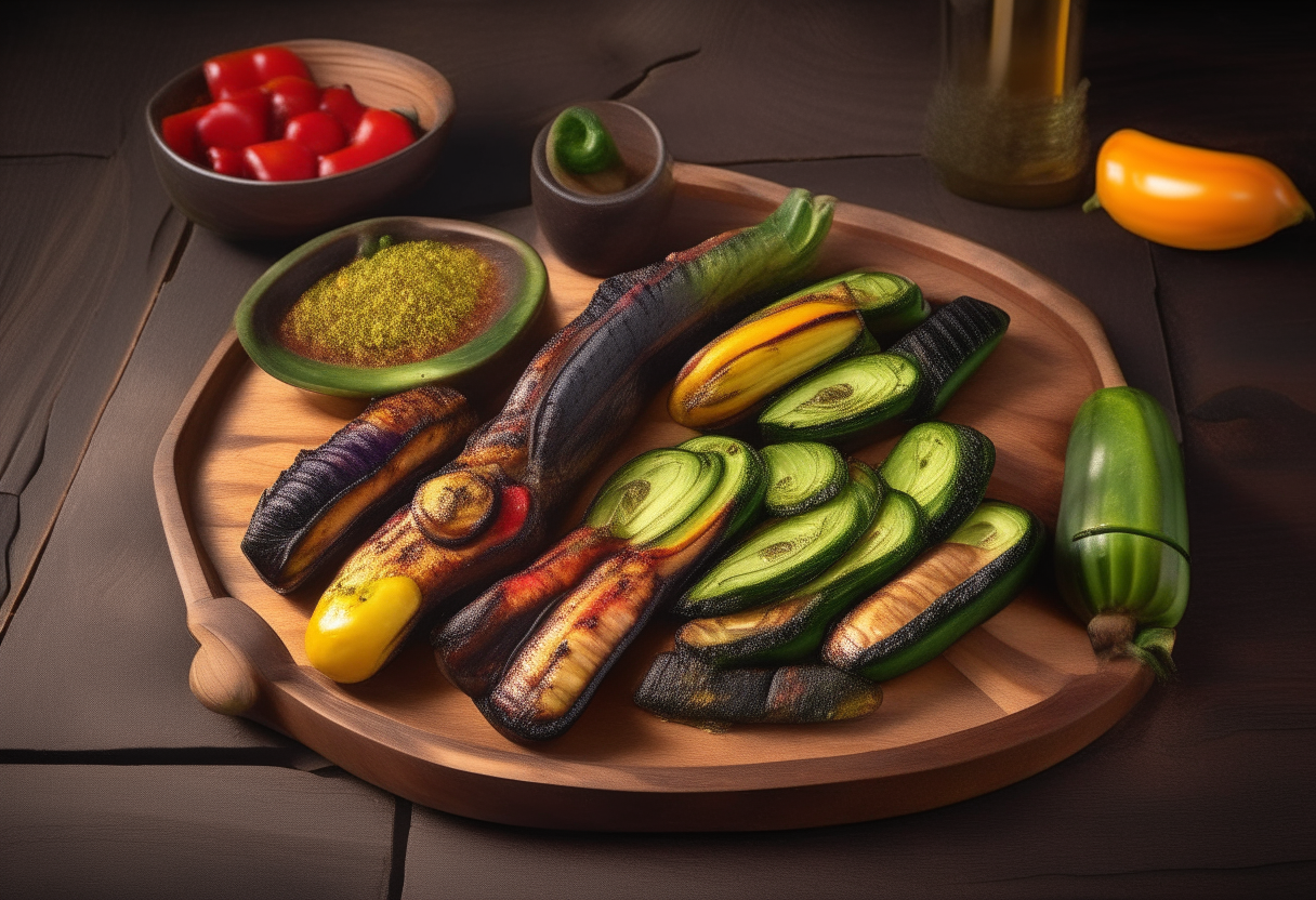 A rustic wooden platter filled with vibrant, char-grilled zucchini, bell peppers and eggplant with perfect grill marks and glossy olive oil sheen. 'Palma de Mallorca-style Grilled Vegetable Platter' in beautiful script font at bottom. Photorealistic 4K image.