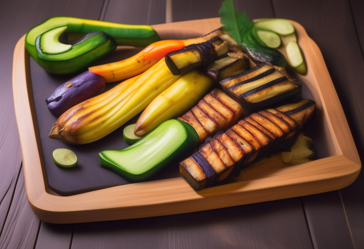 A wooden platter filled with vibrant grilled zucchini, bell peppers and eggplant with char lines. 'Grilled Veggies' in script font at bottom. Photorealistic 4K image.