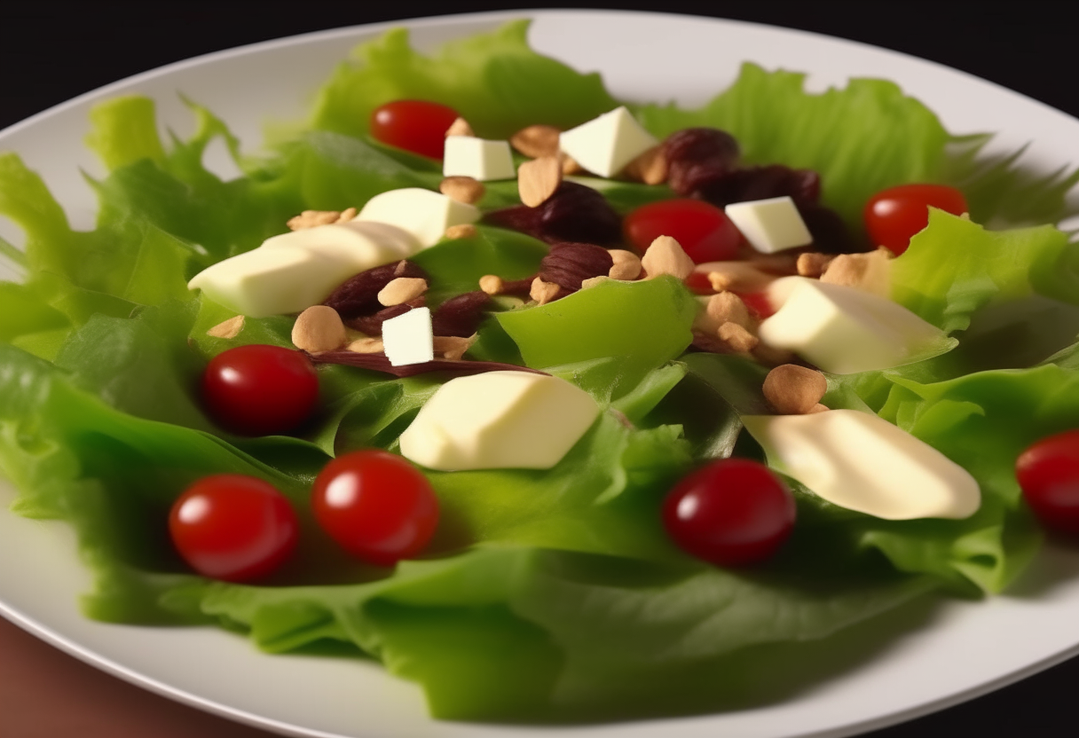 A white plate filled with green salad leaves, red cherry tomatoes, brown almonds, melted golden brown queso de cabra cheese, all drizzled in olive oil. 'Palma de Mallorca-style Queso de Cabra Salad' in elegant font at bottom. Vibrant 4K image.