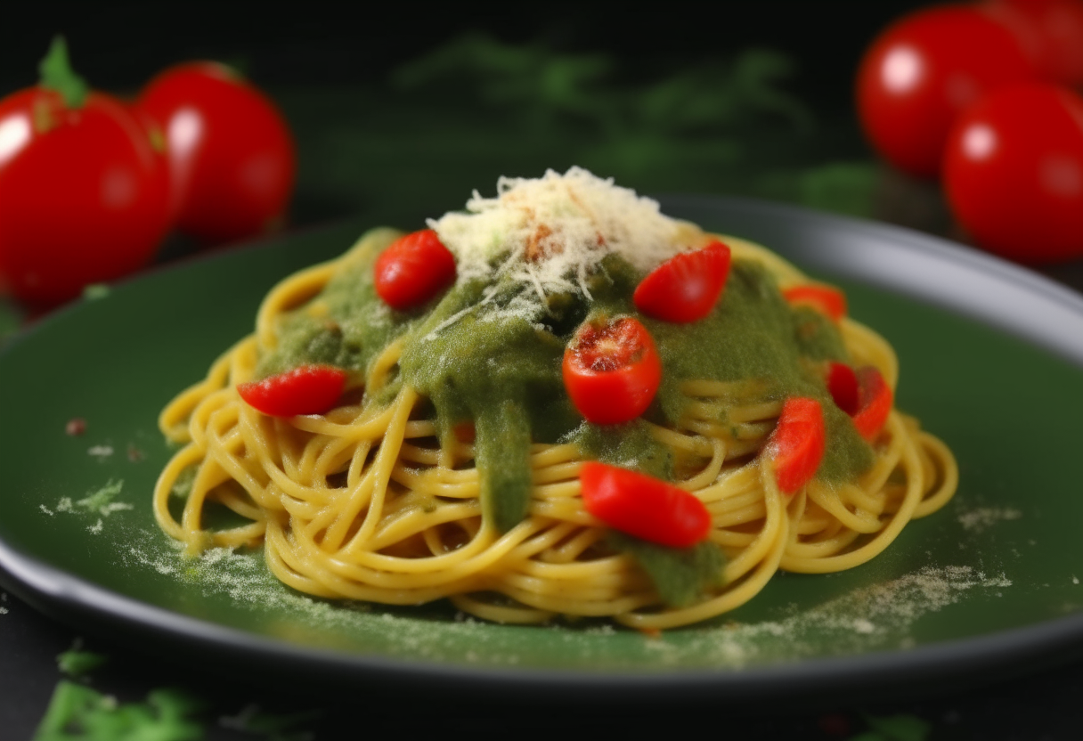 Whole wheat spaghetti coated in glossy green pesto sauce with red cherry tomatoes, grated parmesan and basil leaves. 'Genoa-style Pesto Pasta' in stylish font at bottom. Vibrant, appetizing 4K image.