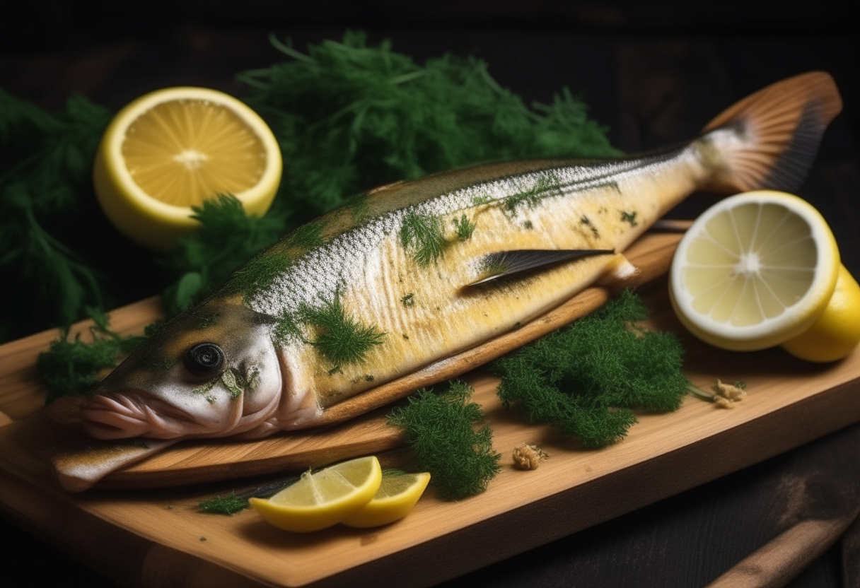 A whole grilled branzino fish with crispy, golden skin served on a wooden board. It is garnished with lemon slices and sprigs of fresh parsley, dill, and cilantro. 'Grilled Branzino with Lemon and Herbs' in elegant font at the bottom. Vibrant 4K image.