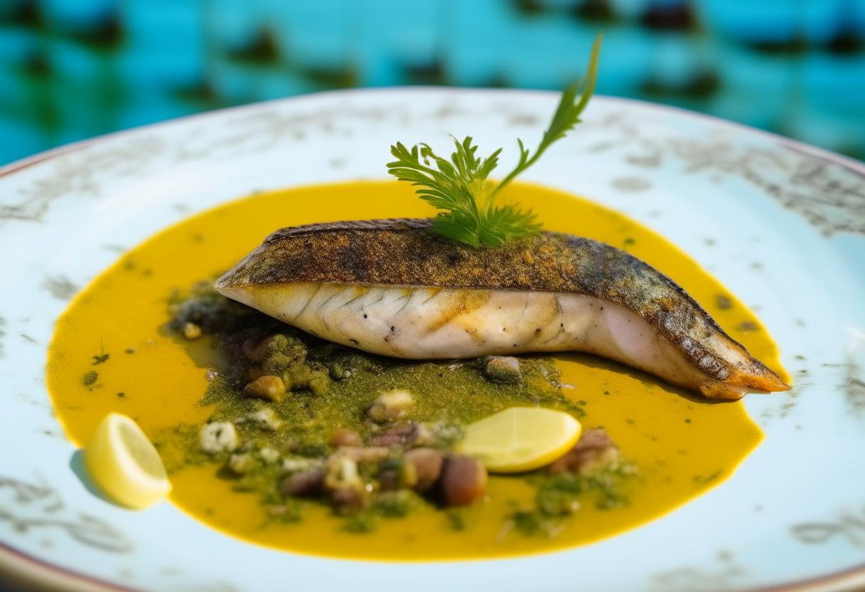 Grilled sea bass fillet with olive tapenade sauce, served on a plate. The background combines blues, greens, yellows and oranges inspired by the Mediterranean Sea and buildings of Genoa. 'Grilled Sea Bass with Olive Tapenade' is written in a historical Genoa font. Vibrant 4K image.