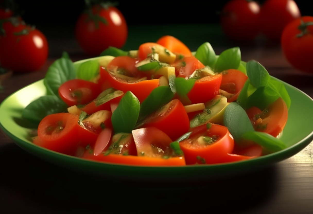 A salad with juicy red tomatoes, fresh green basil leaves, olive oil and balsamic vinegar dressing. 'Genovese Tomato and Basil Salad' in a stylized font. Vibrant 4K image.