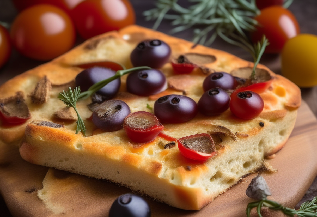 Focaccia bread topped with tomatoes, olives, rosemary and olive oil. 'Quick Focaccia Bread' watermarked at the bottom. Golden brown bread with appetizing toppings.