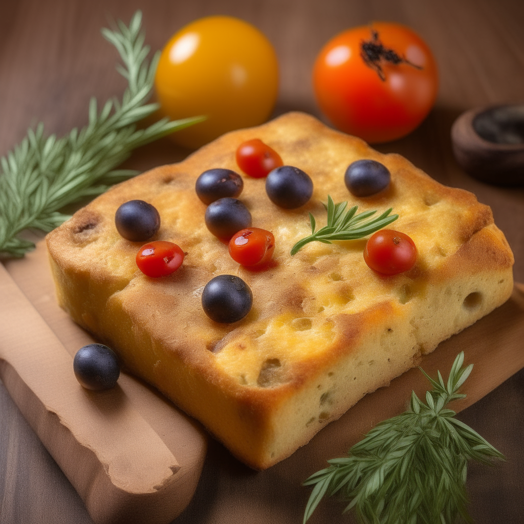 A square piece of fluffy golden Genovese focaccia bread with a dimpled texture, topped with cherry tomatoes, olives, rosemary and olive oil.