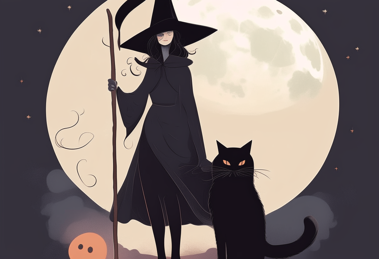 a witch wearing a black hat and cloak, with the face of a black cat, holding a broomstick under a full moon