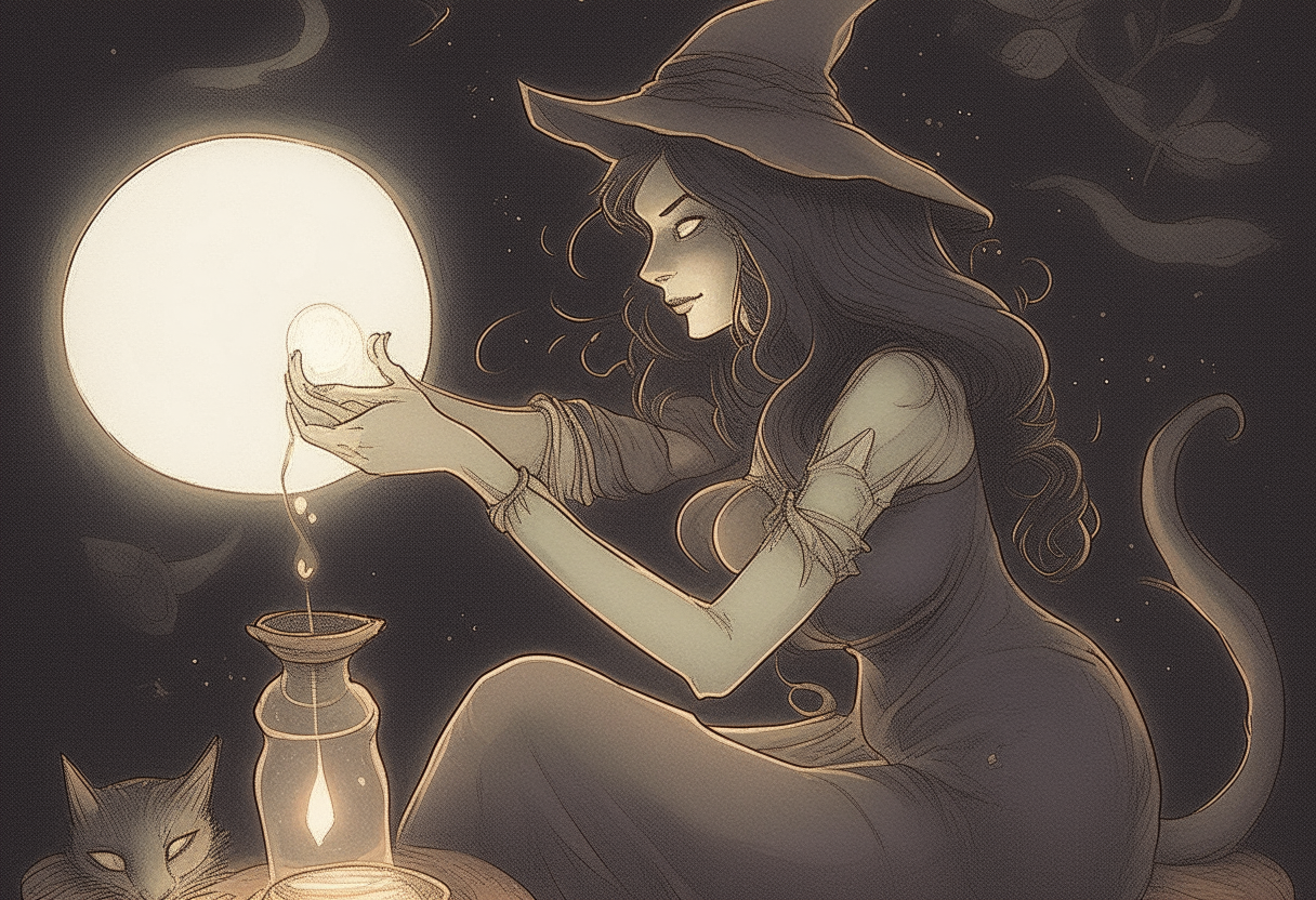 a witch with enchanting feline features, such as pointed ears and whiskers, preparing potions under the light of the full moon