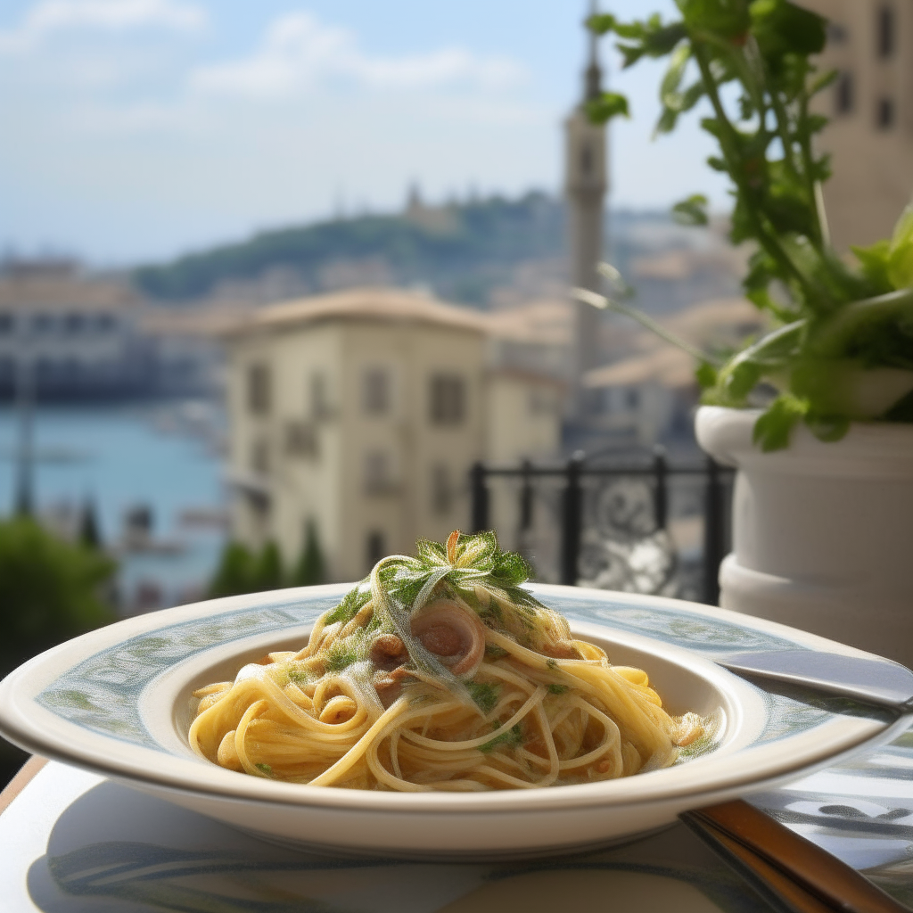 Bowl of linguine pasta tossed with anchovy fillets, garlic, olive oil, parsley. Background shows Genoa's historic harbor and buildings. Traditional Genovese table setting.