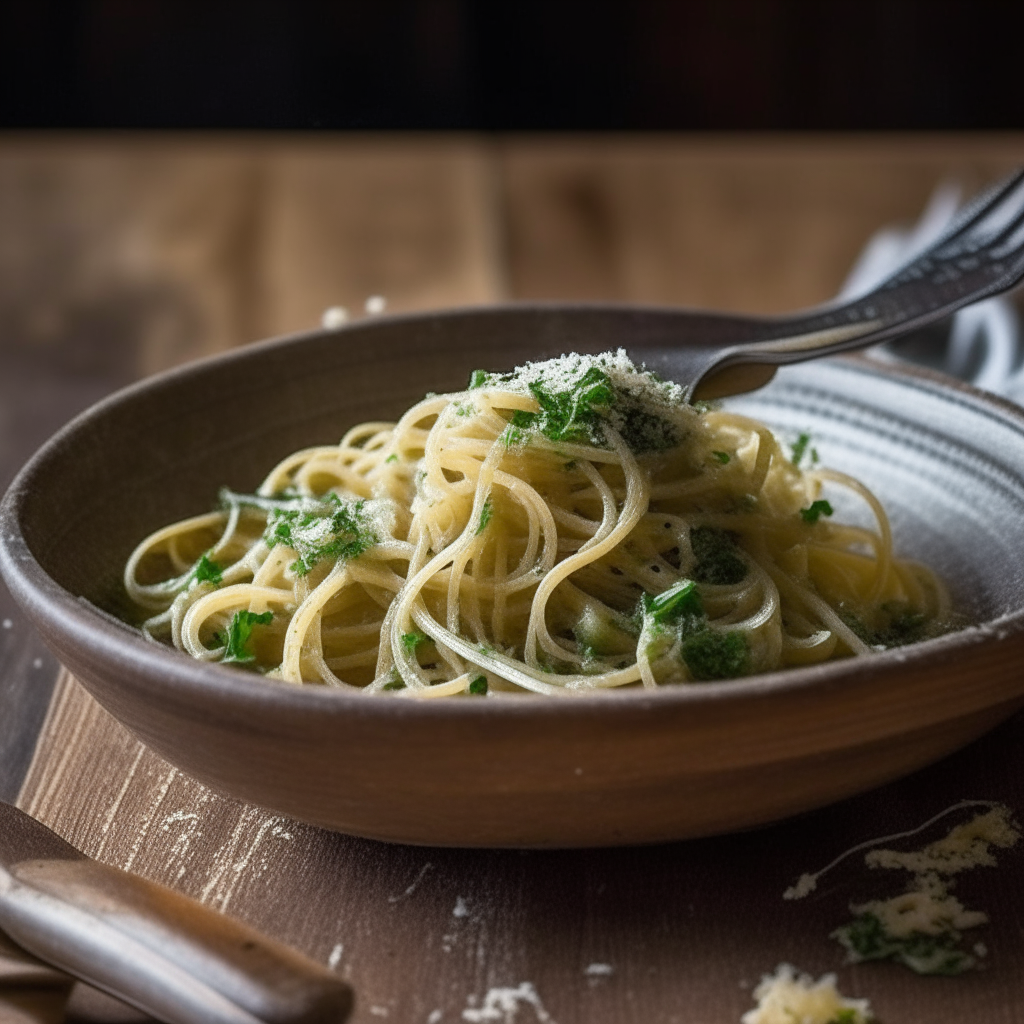 A close up photo of a bowl of Genovese anchovy and garlic pasta, with the thin spaghetti coated in olive oil, garlic, anchovies, parsley, with grated parmesan cheese on top, arranged nicely on a rustic wooden table with a fork twirling the pasta