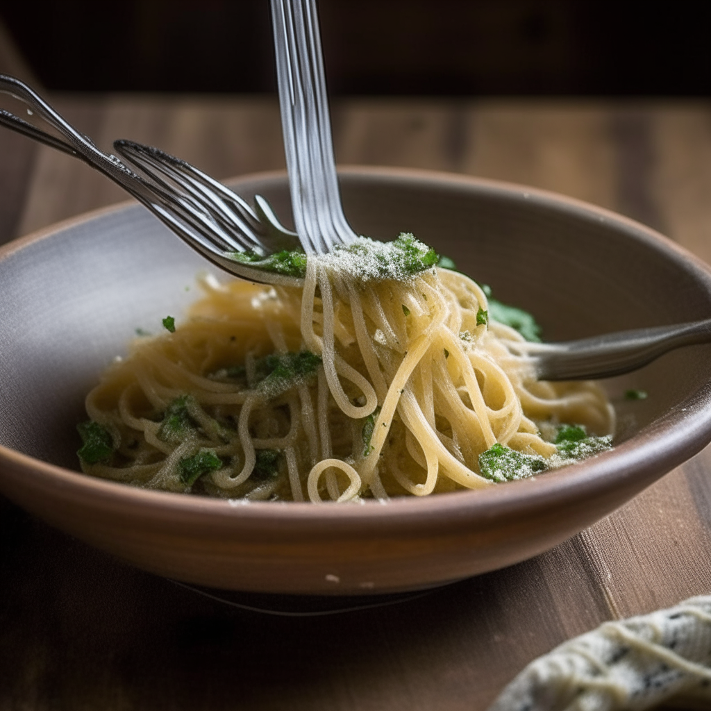 A close up photo of a bowl of Genovese anchovy and garlic pasta, with the thin spaghetti coated in olive oil, garlic, anchovies, parsley, with grated parmesan cheese on top, arranged nicely on a rustic wooden table with a fork twirling the pasta