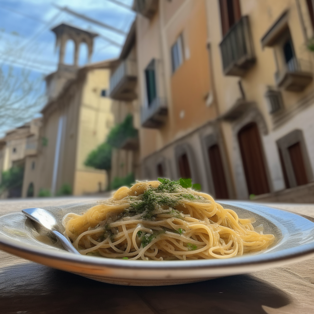 A close up photo of a bowl of Genovese anchovy and garlic pasta, with the thin spaghetti coated in olive oil, garlic, anchovies, parsley, with grated parmesan cheese on top, arranged nicely on a rustic wooden table with a fork twirling the pasta, with the historical center of Genoa with colorful buildings in the background