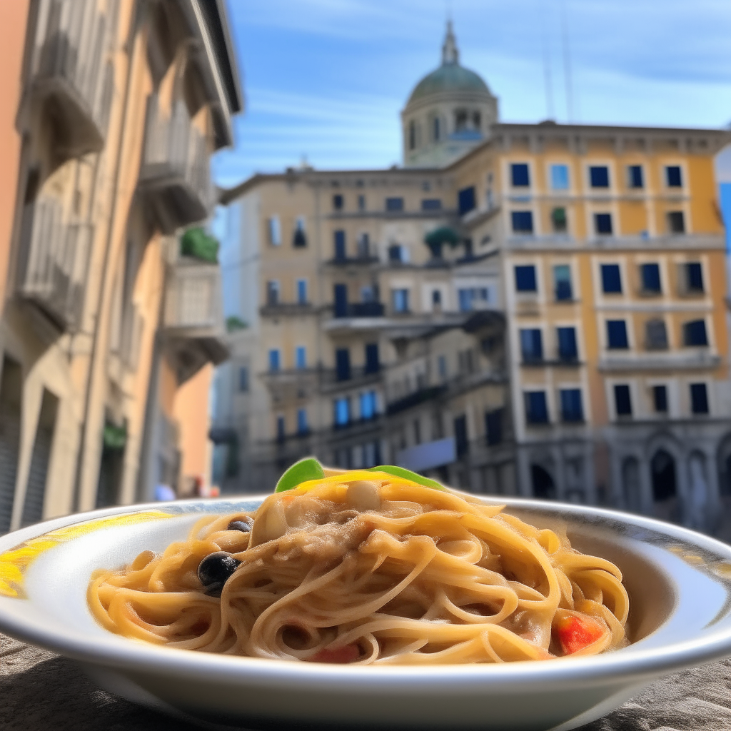 A close up photo of a bowl of Genovese anchovy and garlic pasta, with the historical center of Genoa with colorful buildings in the background