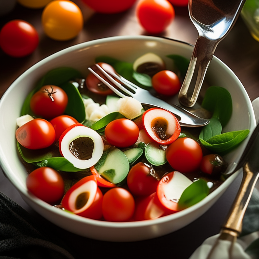 A close up photo looking down at a salad bowl filled with slices of fresh mozzarella, juicy tomatoes, basil leaves, olive oil, balsamic vinegar, with a fork and knife ready to dig in