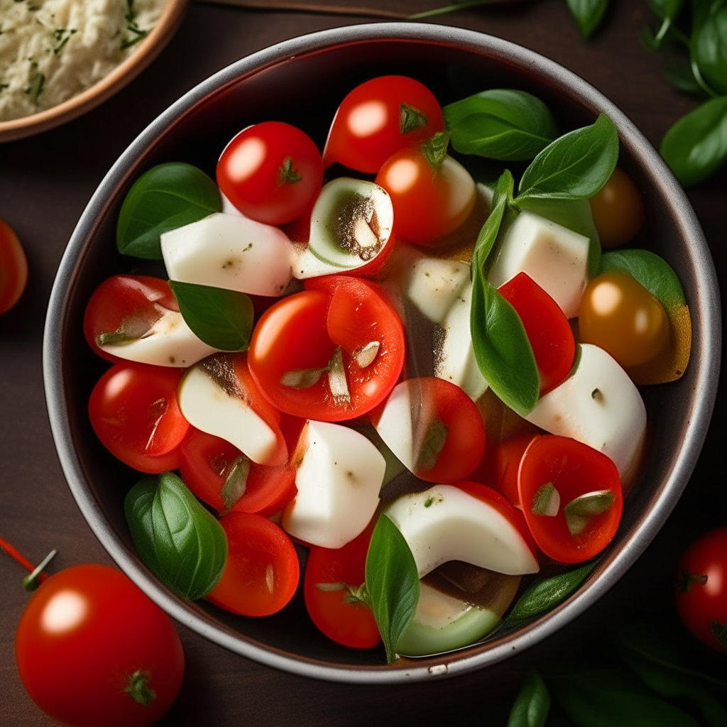 A close up photo looking straight down at a salad bowl filled with slices of fresh mozzarella, juicy tomatoes, basil leaves, olive oil, balsamic vinegar, arranged nicely without any cutlery