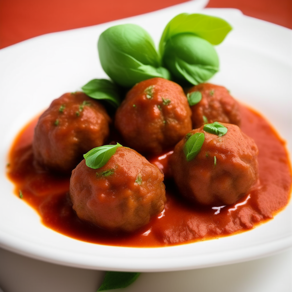 A close up photo of steaming hot Neapolitan meatballs topped with tomato sauce and basil, arranged nicely on a white plate