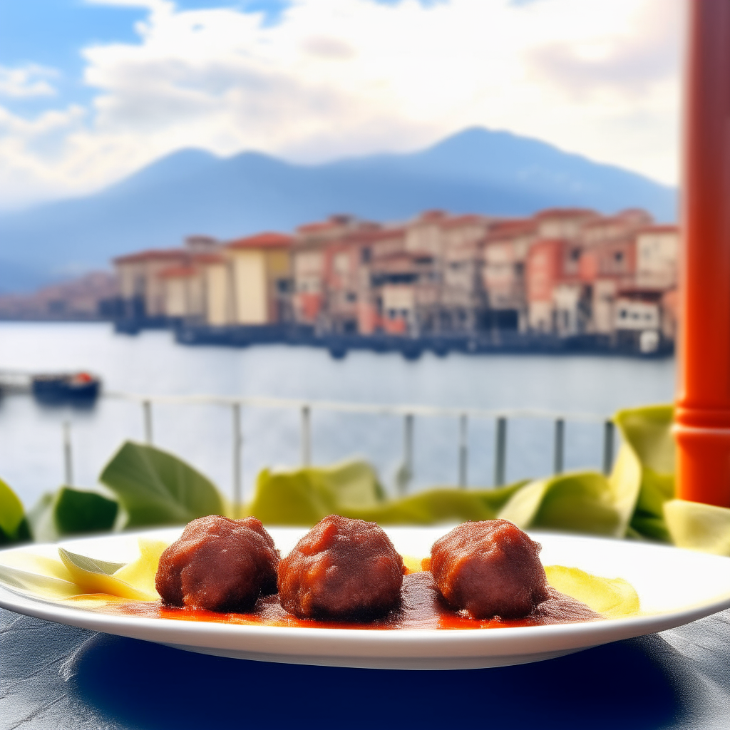 A close up view of steaming, delicious Neapolitan meatballs on a white plate, with the scenic Gulf of Naples and colorful buildings in the background