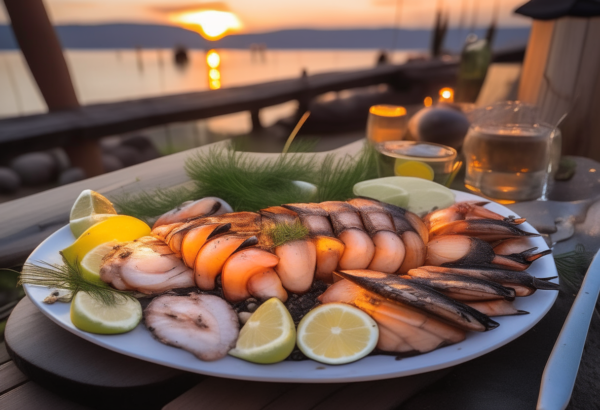 A close up view of a plate of grilled wild salmon, scallops, shrimp, mussels, clams, lemon slices, dill, and vegetables on a wooden table overlooking the ocean at sunset.