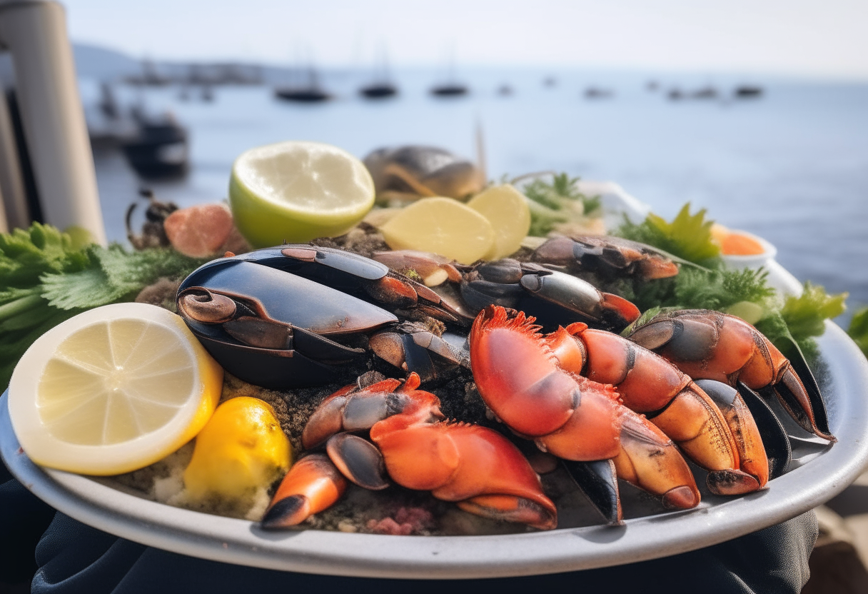 A close up view of a platter of grilled lobster, shrimp, mussels, lemon wedges, parsley, with the bay of Naples and Mount Vesuvius in the background