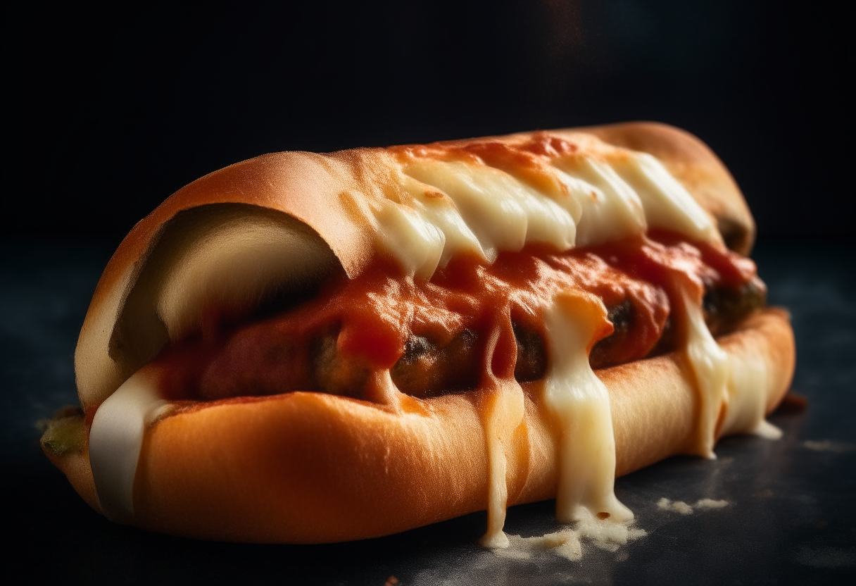 A close up side view of a crispy golden Neapolitan street food sandwich filled with gooey melted mozzarella cheese and marinara sauce, with strong shadows and highlights to showcase the textures