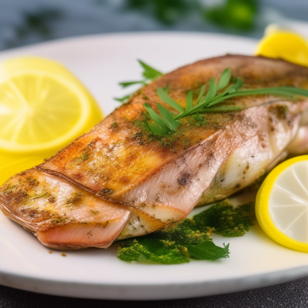 A close-up photo of a freshly grilled red snapper fillet garnished with lemon slices and herbs, on a white plate