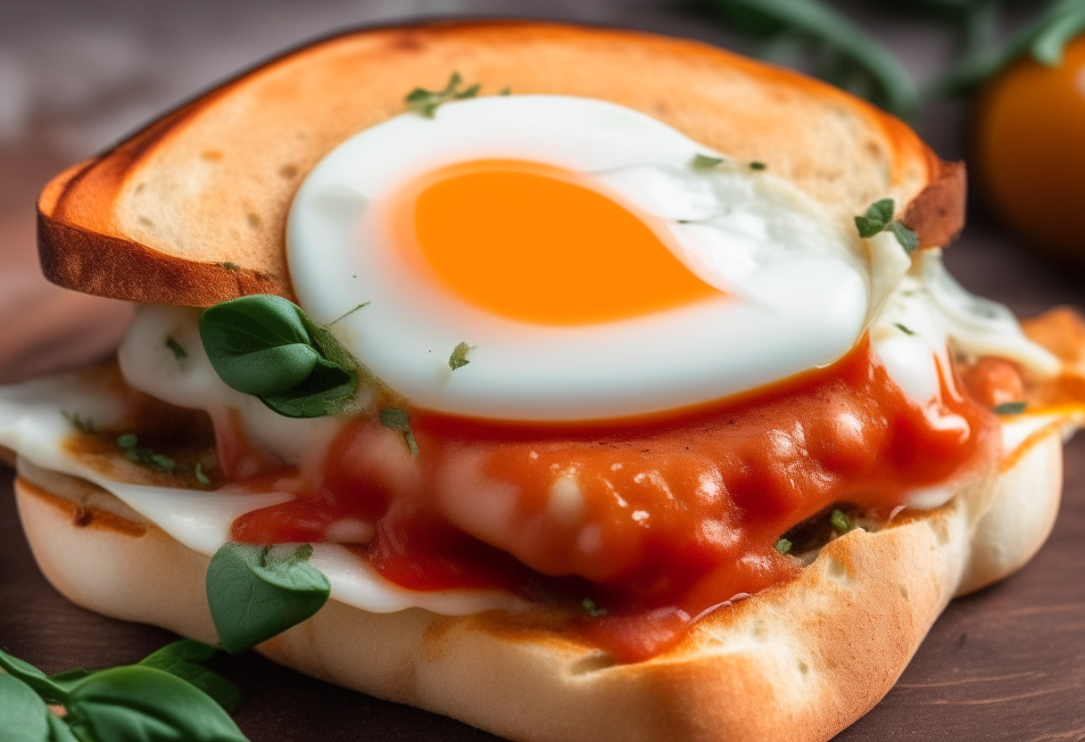 A close up view of a toasted Neapolitan bread sandwich filled with a fried egg, melted mozzarella cheese, basil leaves and tomato sauce