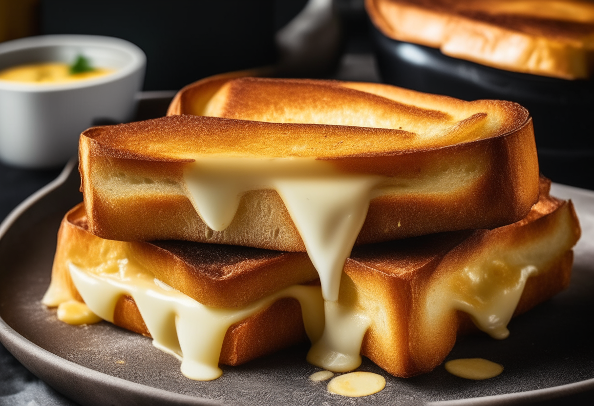 A close up view of Mozzarella in Carrozza, an Italian dish with mozzarella cheese sandwiched between slices of bread, egg dipped and pan fried until golden brown