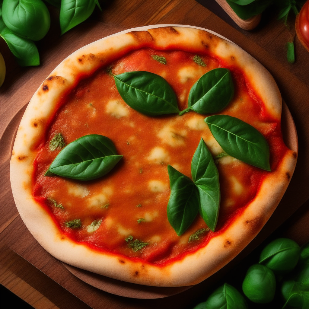 A close up view from above of a freshly baked Neapolitan pizza on a wooden table. The pizza has a golden crust, melted mozzarella cheese, vibrant green basil leaves, and rich tomato sauce.