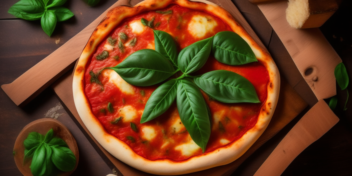 A close up view from above of a freshly baked Neapolitan pizza on a wooden table. The pizza has a golden crust, melted mozzarella cheese, vibrant green basil leaves, and rich tomato sauce.