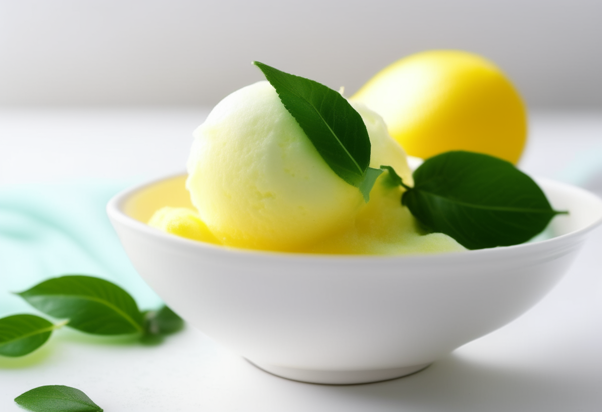 A close up side view of a scoop of vibrant yellow lemon sorbet served in a white bowl, with fresh mint leaves adding a pop of green color and light reflecting off the sorbet