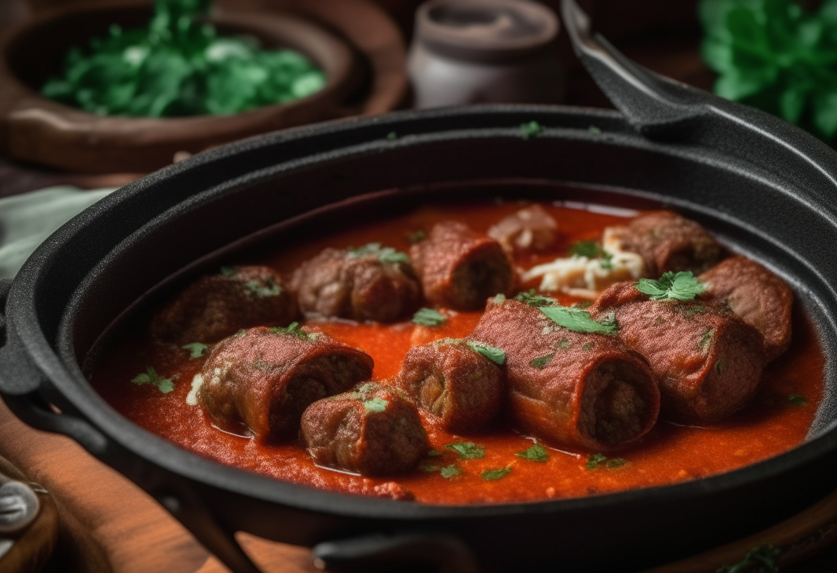 A close up view of beef braciole rolls simmering in a cast iron skillet filled with tomato sauce, with the rolls sliced open to reveal the Parmesan, garlic and parsley filling. The rustic kitchen backdrop has terracotta tiles and a wood-burning stove.