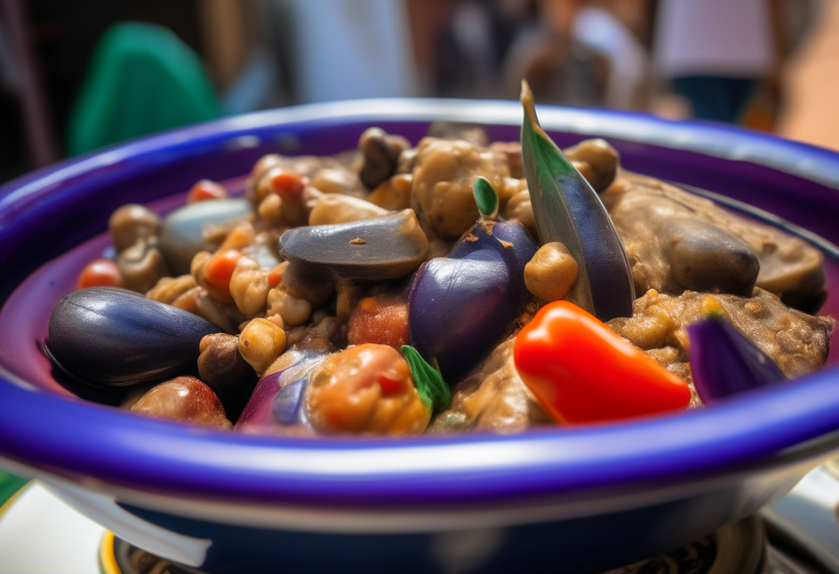 A close up view of Caponata, a traditional Sicilian eggplant dish, served in a ceramic bowl. The eggplant is a vibrant purple contrasted with red tomatoes, golden raisins, green basil, on a backdrop of a sunny Palermo street market.