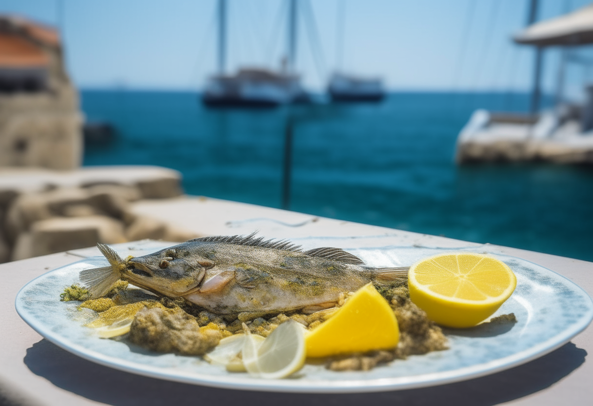 A grilled grouper fish garnished with lemon wedges and parsley on a plate, with the backdrop of the crystal clear Mediterranean sea and a traditional Palermo fishing boat in the distance