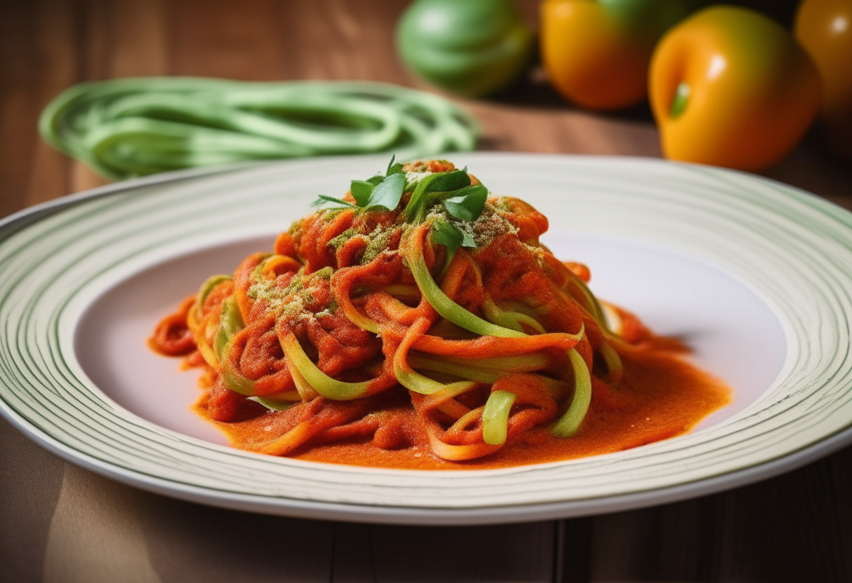 A close up view of zucchini alla trapanese, spiralized green zucchini tossed in a vibrant red tomato pesto sauce, served on a white plate set against a rustic wooden table background