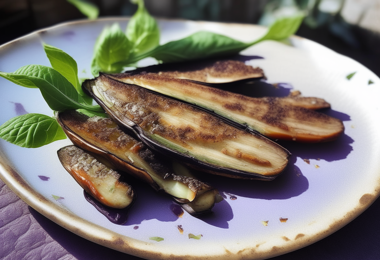 A close up of grilled aubergine slices with charred edges on a rustic ceramic plate garnished with fresh mint leaves, on a backdrop of a sunny Palermo street