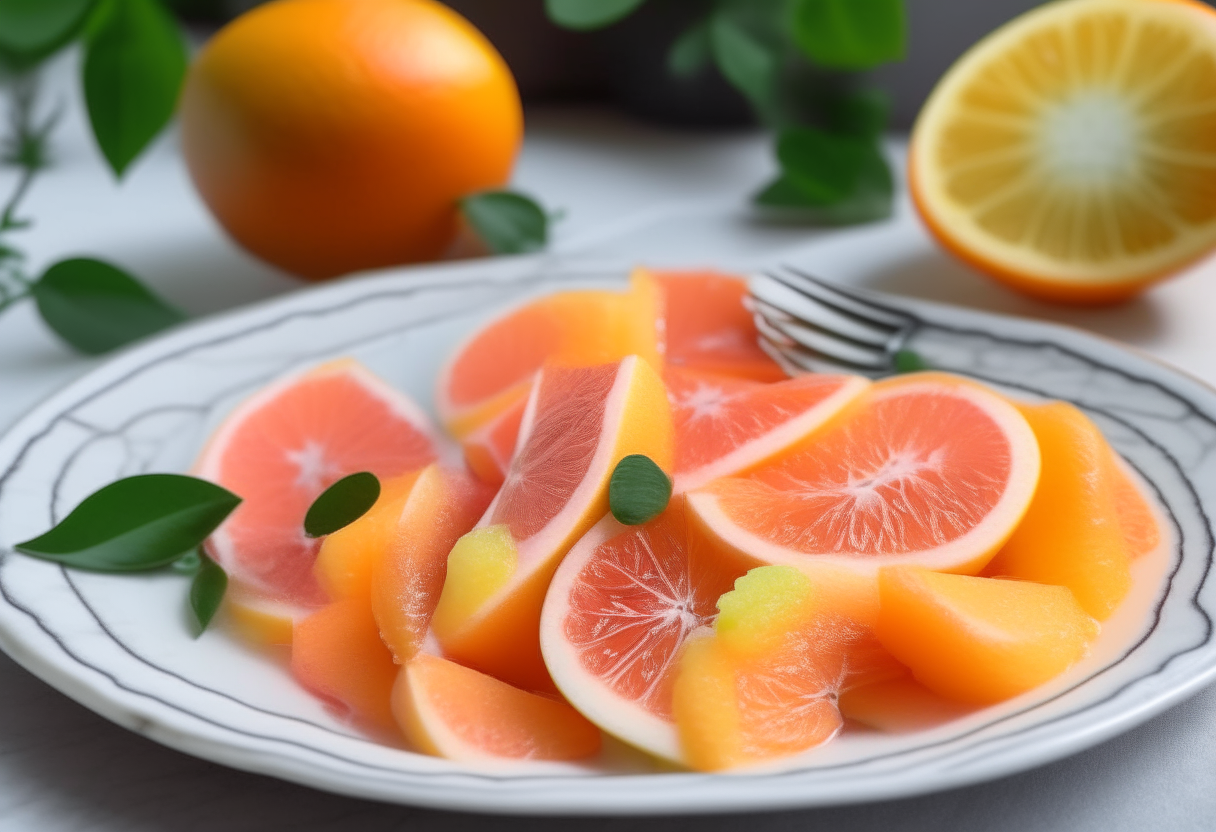 A close up of sliced orange and pink grapefruit drizzled with honey and mint leaves on a white plate against a Palermo street backdrop